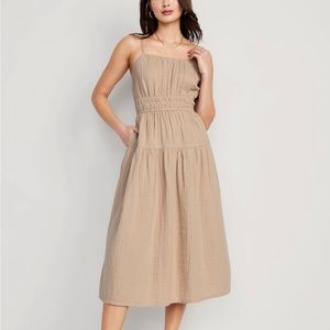 Beige Waist-Defined Tiered Midi Dress